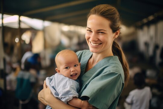 Nurse in a busy refugee camp.