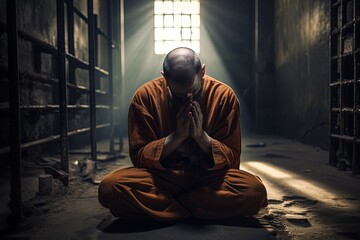 Prisoner pray for God in prison. - obrazy, fototapety, plakaty