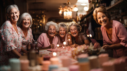 80 year old happy old friends celebrating Christmas at home - obrazy, fototapety, plakaty