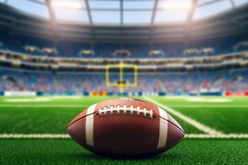 American football ball lies on the football field.