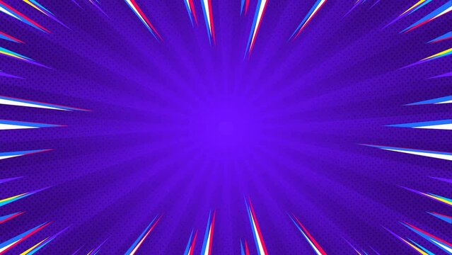 Comic background animation, vintage pop art background, with animated radial rays and dots pattern. Motion graphics and digital composition