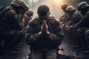Soldiers pray to God on knees. - obrazy, fototapety, plakaty
