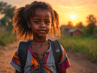 African girl looks helplessly at the sunset. A sad African child. african village