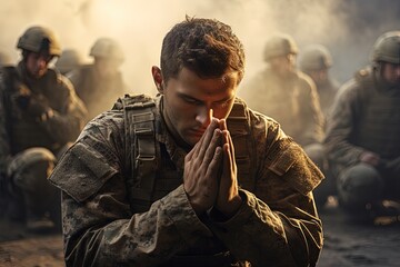 Soldiers pray to God on knees.