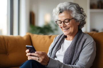 Fototapeta na wymiar Joyful Senior Woman Relaxing on the Couch with Smartphone
