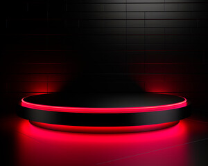 Neon Red light round podium and black background for mock up, Black Friday