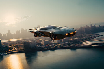Advertising style concept sci-fi vehicle flying with the city and coastline as backdrop - GENERATIVE AI