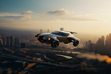 Advertising style concept sci-fi vehicle flying with the city as background - GENERATIVE AI. - obrazy, fototapety, plakaty