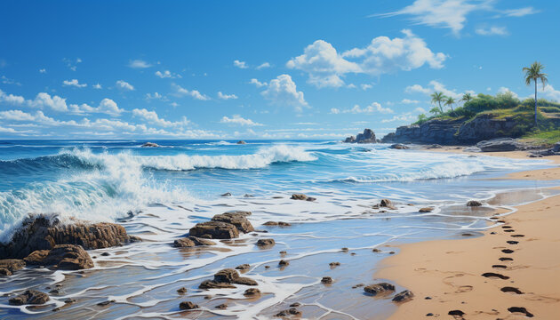Idyllic tropical coastline, waves crash on sandy beach, tranquil beauty generated by AI