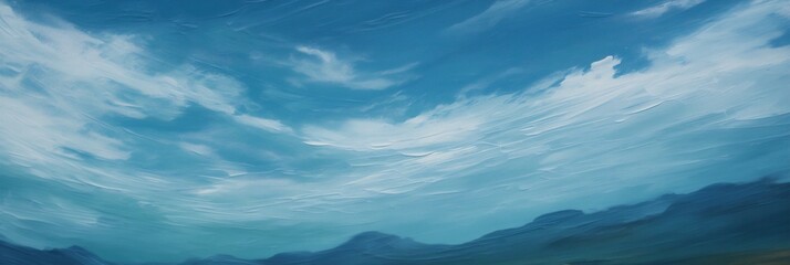 Foggy twilight blue morning mountain valley minimal landscape painting, thick cloud cover with barely visible horizon.   