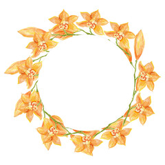 Watercolor wreath with orange orchid flowers. Botanical hand drawn illustration with buds and twigs of tropical Cymbidium flowers in a circle