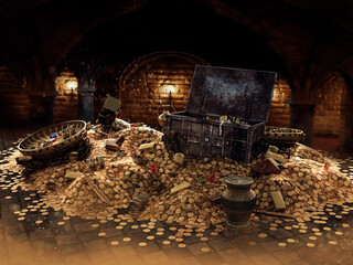 Treasure hidden in a dark dungeon. 3d render. - 671225873