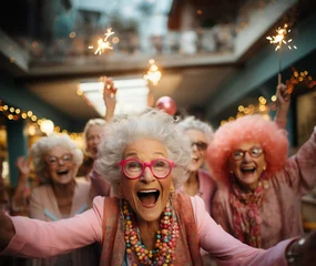 Foto op Plexiglas 80 year old happy old friends celebrating Christmas at home © Irina Flamingo