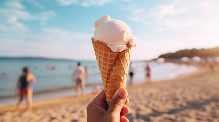 This image features an individual enjoying a vanilla gelato on a sunny beach, with family and friends in the background, embodying the essence of a wonderful summer day.