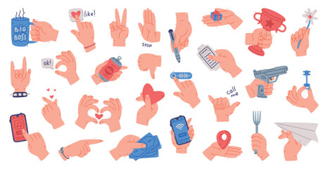 Human Hands Gestures and Different Actions Vector Set - obrazy, fototapety, plakaty