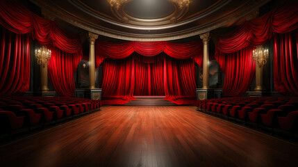 Theatrical Setting with Red and Black Velvet Drapes - obrazy, fototapety, plakaty