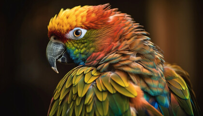 Vibrant gold and blue macaw perching on branch, looking cute generated by AI