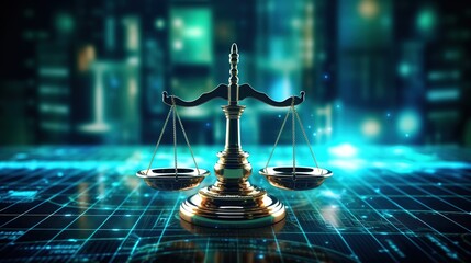 Law scales on background of data center. Digital law concept of duality of Judiciary, Jurisprudence and Justice and data in the modern world. Copy space - obrazy, fototapety, plakaty