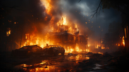 War-Torn Cityscape: House Engulfed in Flames