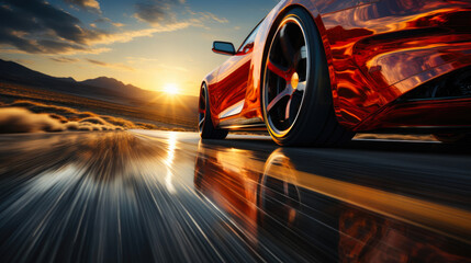 Blazing Fast: Close-up of Sports Car Tire on Sunny Road