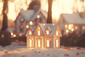 Fototapeta na wymiar Christmas snow-covered toy house on a glowing background with a place for text.
