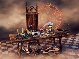 Old table with alchemical potions and books. 3d render. - obrazy, fototapety, plakaty