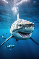 A shark swimming, focus on the fins and teeth, vertical photo