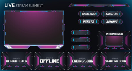 Live Gaming twitch stream Purple and blue neon set of overlay, facecam, panel and background element design - obrazy, fototapety, plakaty