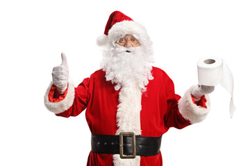 Santa claus holding a toilet paper roll and gesturing thumbs up