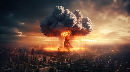 explosion nuclear bomb in sity - obrazy, fototapety, plakaty