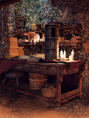 Table with alchemical stove and books. 3d render.