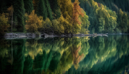 Tranquil scene of autumn forest reflects vibrant natural beauty generated by AI