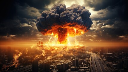 explosion nuclear bomb in sity - obrazy, fototapety, plakaty