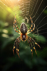 A spider weaving its web, focus on the intricate design. Vertical photo