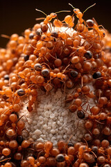 A swarm of ants carrying food, focus on the teamwork, macro lens. Vertical photo