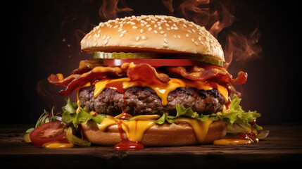 Food photography of an unhealthy burger with greasy and tempting ingredients.
