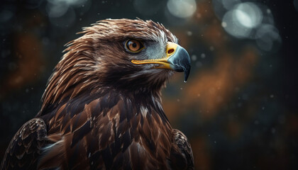 Fototapeta premium Majestic bald eagle perching on branch, sharp beak in focus generated by AI