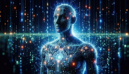 Picture of a digital being, an embodiment of AI, having a humanoid shape crafted from intricate circuits, glowing data points 0s and 1s high tech technology concept 