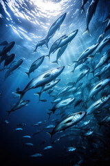Fototapeta na wymiar A swarm of fish swimming, focus on the formation. Vertical photo