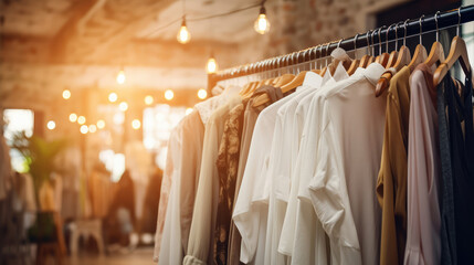 clothes on hangers in a store with copy space