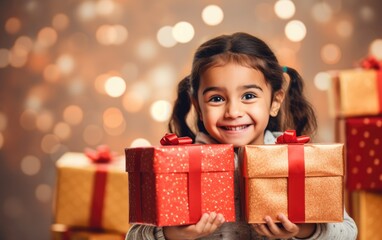 Fototapeta na wymiar A smiling little child girl holding a stack of boxes with gifts