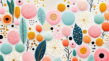 Pois multicolores et dorés, terrazzo, doodle, tampons et superpositions numériques florales, rayé, palette de couleurs audacieuses, emblématique, géométrique. IA générative, IA