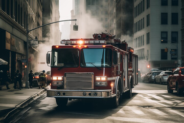 Fire Truck in New york. Firefighters Rescue after Fire Alarm went off at building. Firemen at apartment fire. Accodent on Street in NYC, firefighters and extinguish fire, Ai Generative illustration.