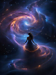 The woman in front of the colorful swirl of lights in the sky