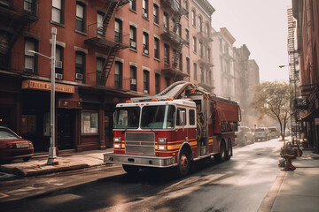 Fototapeta premium Fire Truck in New york. Firefighters Rescue after Fire Alarm went off at building. Firemen at apartment fire. Accodent on Street in NYC, firefighters and extinguish fire, Ai Generative illustration.