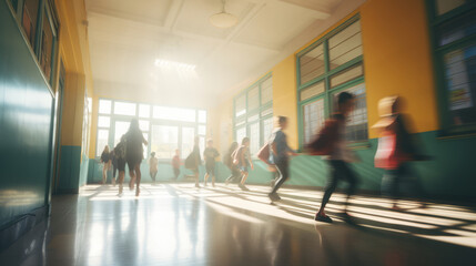 Fototapeta premium School busy hallway with students in blurred motion