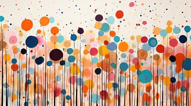 Pois multicolores et dorés, terrazzo, doodle, tampons et superpositions numériques florales, rayé, palette de couleurs audacieuses, emblématique, géométrique. IA générative, IA