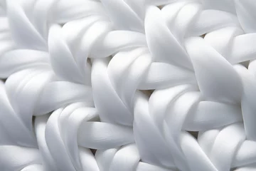 Rolgordijnen Macrofotografie Close-up of white cotton fabric interlaced fiber macro, white synthetic cotton threads background, macro photography of white synthetic material, synthetic white fabric fibers background.