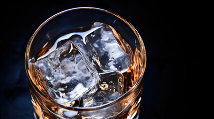Macro view of a glass of clear water with a single ice cube.
