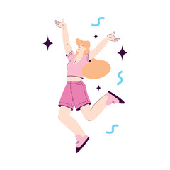 Happy Woman Character Rejoicing and Cheering with Confetti Vector Illustration